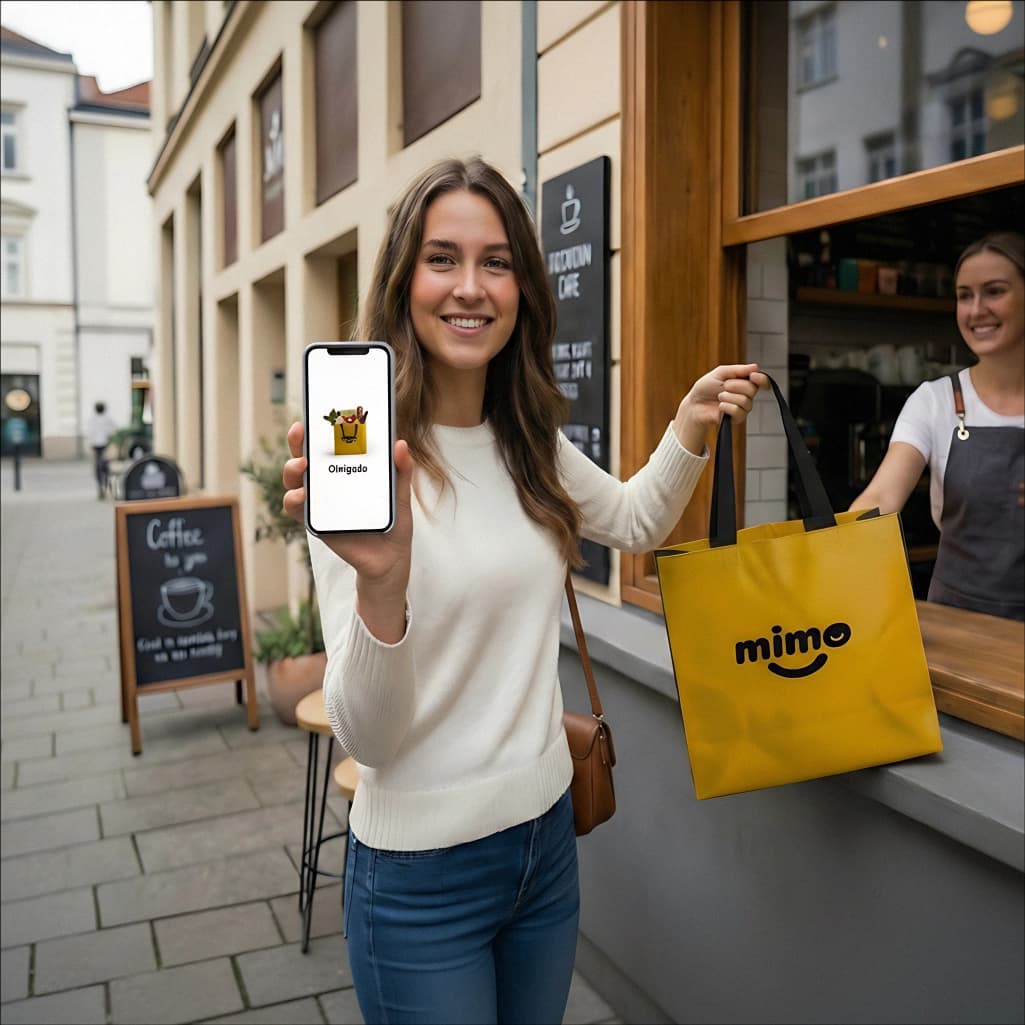 Cliente Mimo em frente à loja com sacola