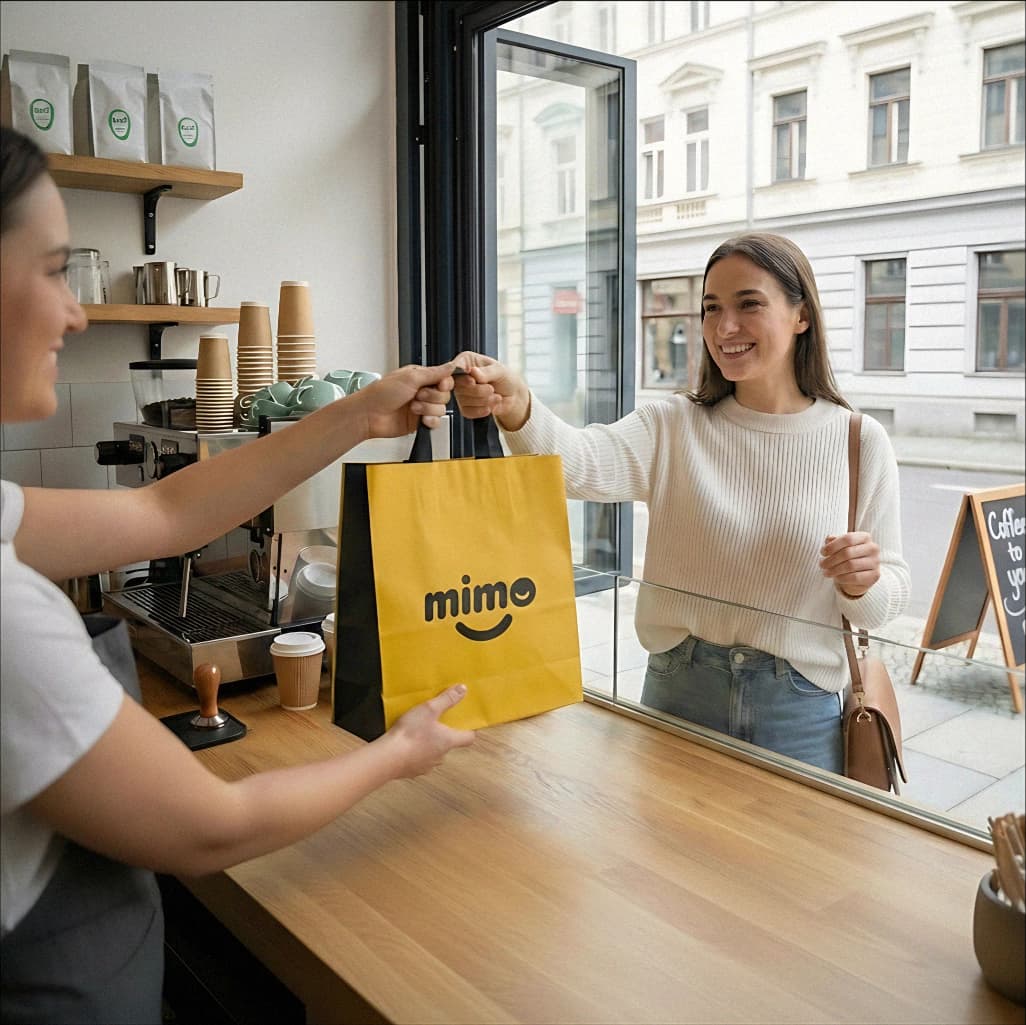 Cliente recebendo sacola Mimo em ambiente interno