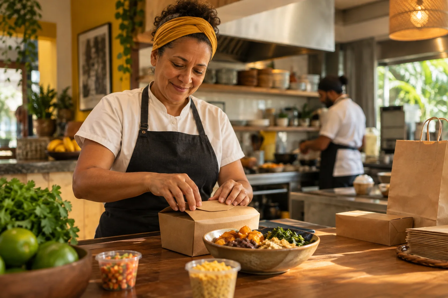 Dona de restaurante prepara um pedido para entrega em uma cozinha organizada