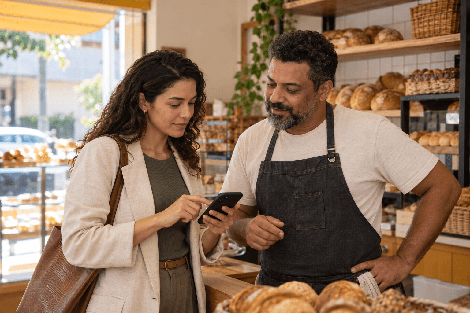 Parceira comercial orienta o proprietário de uma padaria pelo celular