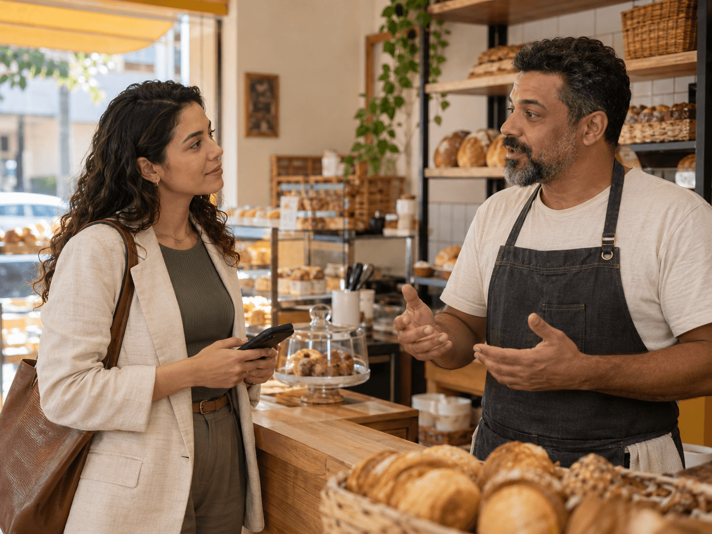Parceira comercial conversa com o proprietário de uma padaria de bairro